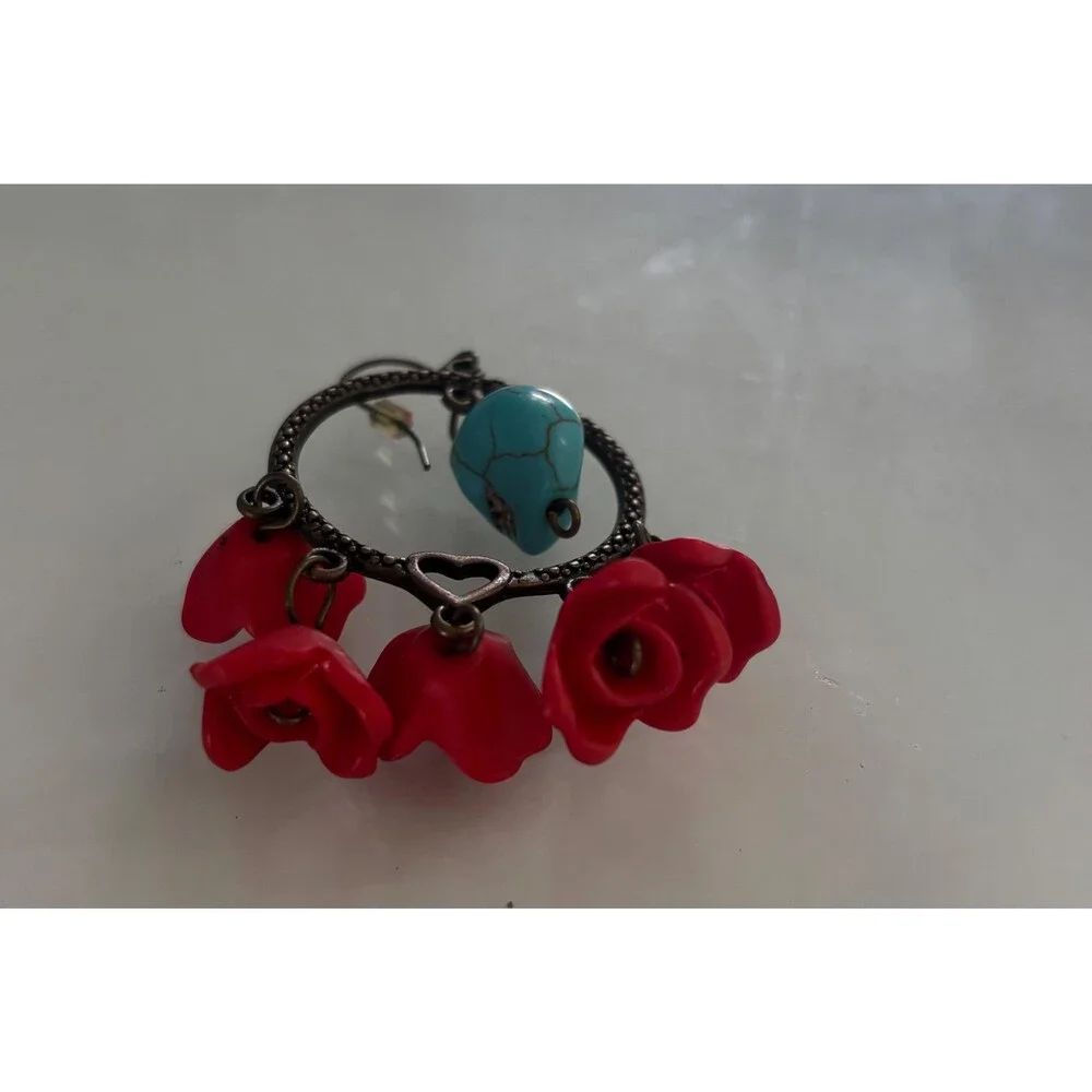 Vintage Skull Hoop Earrings Red Rose Turquoise Dangle Boho Gothic
